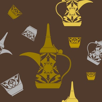 Editable Flat Monochrome Arab Dallah Coffee Pot and Finjan Cup Vector Illustration Seamless Pattern for Creating Background of Middle Eastern Culture Tradition Cafe and Islamic Moments Related Design