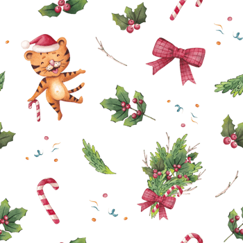 Watercolor seamless christmas pattern with tigers, fir trees, candy cane and holly png