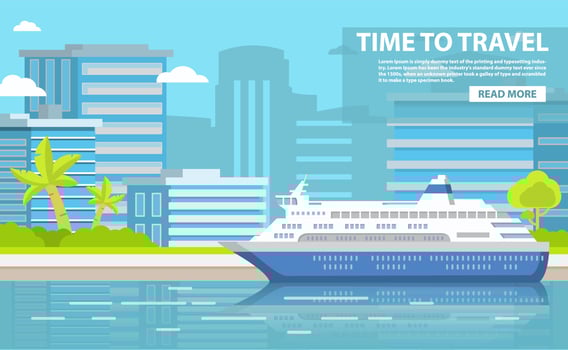 The cruise ocean liner passenger of a tropical sea landscape with palm trees and the sandy beach.The city on the island for summer holiday of tourists during the holiday.In flat a vector. vector