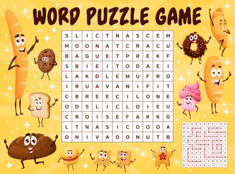 Cartoon bread characters, word search puzzle game vector