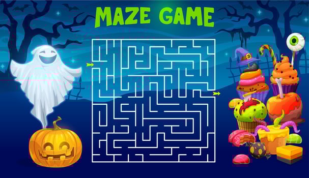 Labyrinth maze with Halloween pumpkin and sweets vector