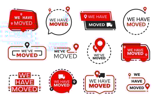 We have moved, relocate red signs and icons set vector