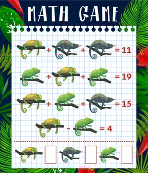 Math game worksheet cartoon tropical chameleons vector