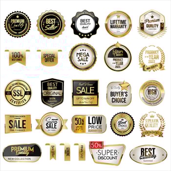 Collection of gold and black price badges labels and ribbons vector