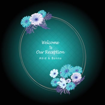 Cyan sky-blue and white cosmos flower welcome card with golden leaves and round design vector