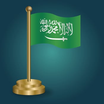 Arab Saudi flag on golden pole on gradation isolated dark background. table flag, vector illustration