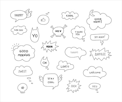 Cute hand drawn doodle vector set speech bubbles with dialog words hey, surprise, welcome, idea, honey. Isolated on white background