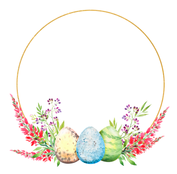 Easter floral wreath with a golden round frame, with red flowers, branches, leaves and eggs. Bouquet of flowers, watercolor illustration. png