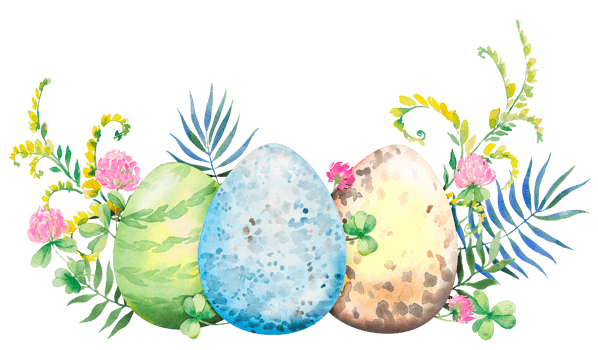 Easter floral composition with red and yellow flowers and eggs. Flower bouquet, watercolor illustration png