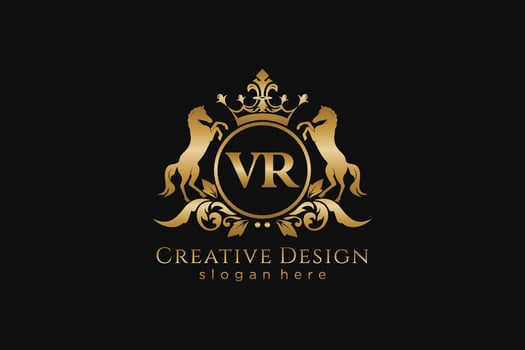 initial VR Retro golden crest with circle and two horses, badge template with scrolls and royal crown - perfect for luxurious branding projects vector