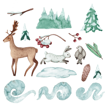 Set of watercolor illustrations of forest animals. Deer, rabbit, bird, fir and rowan branches. Winter set for scrapbooking, cards or stickers png