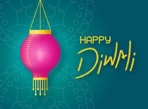Paper lantern with fire hangs on the background green rangoli. Concept banner happy diwali with lettering and holiday lantern vector