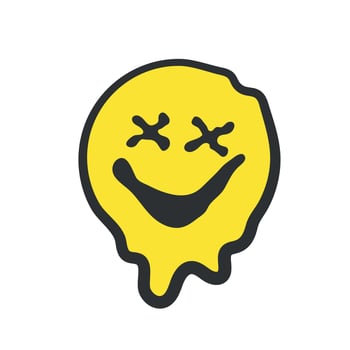 Psychedelic emoji. Smiling melt face. Yellow sign. Vector illustration