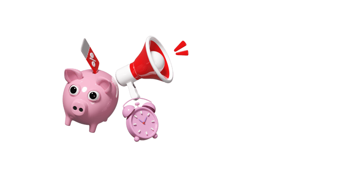 clock alarm with piggy bank, megaphone, discount sales isolated. price tags coupon, announce promotion news, last minute offer, flat sales, saving money, 3d render illustration png