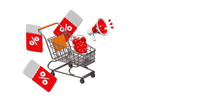 announce promotion news with shopping cart, clock alarm megaphone, discount sales isolated. price tags coupon,  last minute offer, flat sales shopping concept, 3d render png