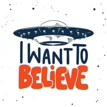 Vector engraved style illustration with typograhy for posters, decoration and print. Hand drawn sketch of ufo with modern lettering on white background. I want to believe.