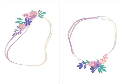 A set of frames with a flower composition in pink-lilac tones and a gentle gradient. Lovely flowers in Very Peri color vector background. Festive floral decor. Wedding invitation.