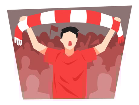 illustration of passionate male football fans. supporter, crowd background, football stadium. scarf. concept of sports, entertainment, audience. flat vector