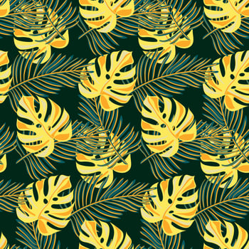 Tropical seamless natural pattern of exotic leaves. Vector floral background. Beautiful allover print with hand drawn exotic plants. Swimwear botanical design.