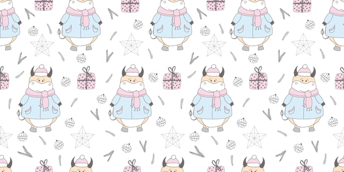 New Year pattern with a bull. Ox symbol of 2021. Funny ox illustration. Wrapping paper, christmas textile design. vector