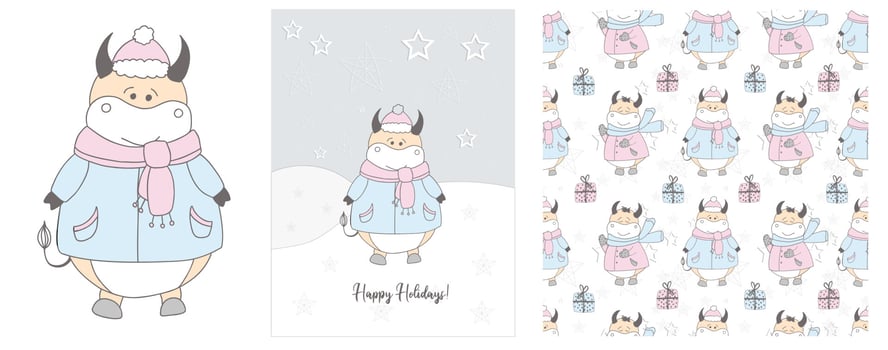 Cute ox in a scarf illustration. Winter hand drawn cards and seamless pattern. Bull. 2021. Happy holidays. Christmas and New Year. vector
