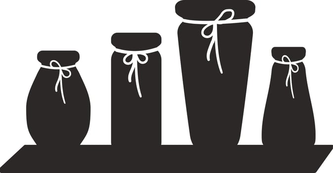 Silhouettes of ceramic flower vases on a shelf. Silhouettes of modern ceramic flower vases with rope decorations. Isolated illustration on a white background. Cartoon style. Vector illustration.