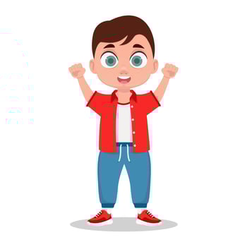 Cute boy rejoices, hands raised up, schoolboy, child vector
