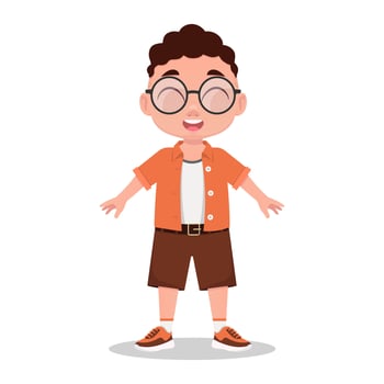 The child is smiling, eyes are closed, the boy is wearing glasses, the schoolboy vector