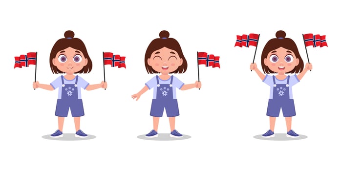 Set of cute baby with Norges flag in hand. Girl with a flag vector