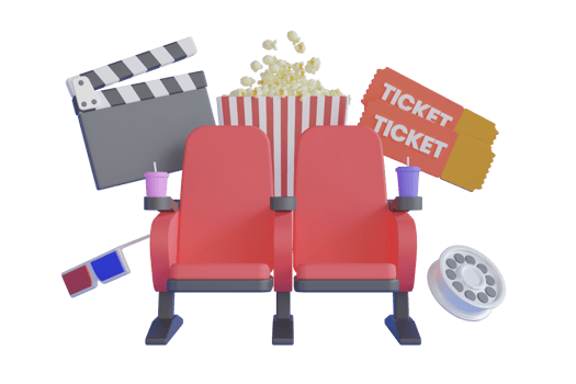 red cinema armchair with fizzy drink, popcorn, 3d glasses , ticket and movie reels over white background. 3d render of red cinema chair with popcorn,clapboard,3d glasse,reel. 3d rendering png