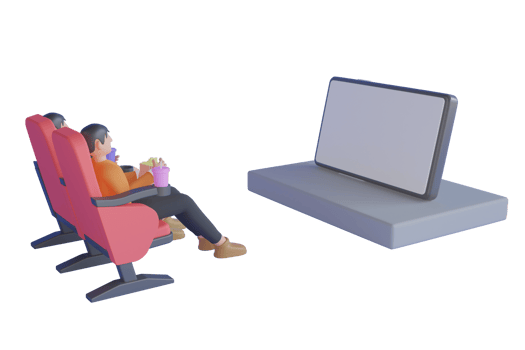watching online movie home entertainment. Smartphone with white screen, Cinema chairs, Popcorn and Cola on blue background. Online cinema, movie from home concept. 3d rendering png