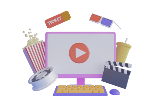Online cinema art movie watching with popcorn, 3d glasses and film-strip cinematography concept. 3d movie theater, online cinema watching, cinematography and filmmaking, ticket ordering. 3d render png