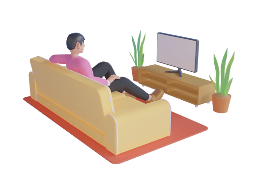 3D cartoon character A young man watching a movie want to have fun at home. sitting on a sofa in a living room in front of the television screen and watching TV. 3d rendering png