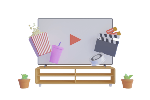 Concept of watching online cinema at home, like in a movie theater with popcorn, drink, tickets.Concept of online home cinema. Bucket for popcorn, film strip and reel. Filmmaking banner. png