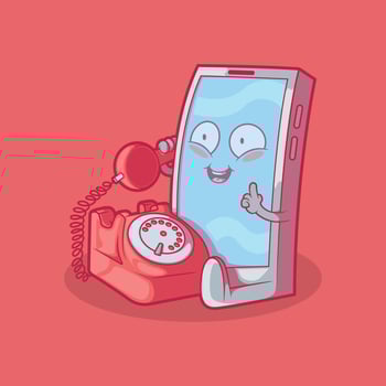 Smartphone character using a vintage phone vector illustration. Technology, vintage, funny design concept.