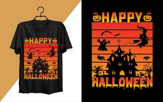 Halloween retro color T-shirt design with a haunted house, gravestones, and zombie hands. Halloween scary T-shirt design with vintage color and silhouette shapes. Scary fashion design for Halloween. vector
