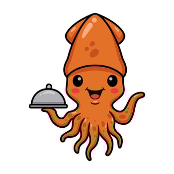 Cute little squid cartoon serving food in a sliver platter vector