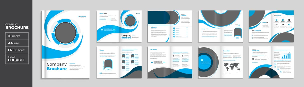 Blue corporate 16 page brochure and booklet template, modern company profile layout Pro Vector