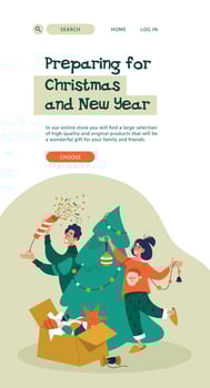 Man and woman are preparing for christmas and new year. A happy family decorates a Christmas tree in a cozy interior. Trendy characters celebrate winter holidays. Image for website, landing page. vector