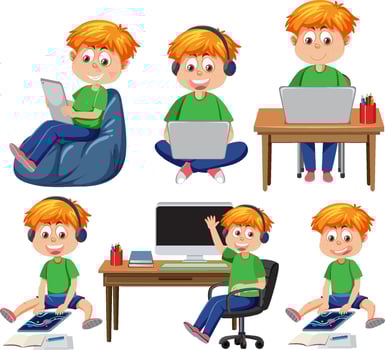 Set of kids using tablet and laptop vector