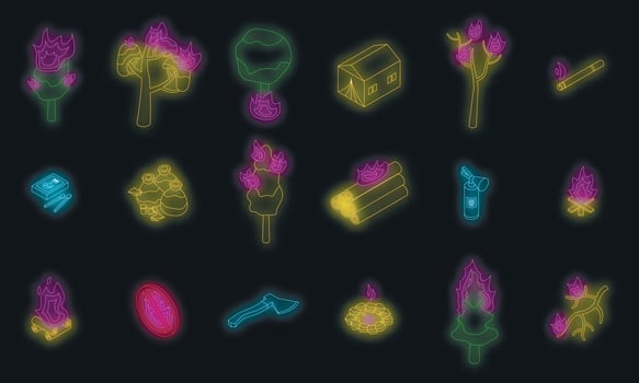Burning forest icons set vector neon