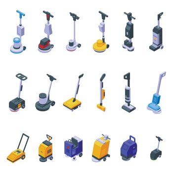 Floor washing machine icons set isometric vector. Cleaning staff vector