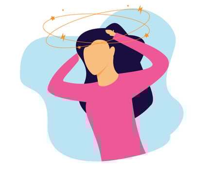 headache vector illustration. dizzy, confused. woman holding head with star spinning above head