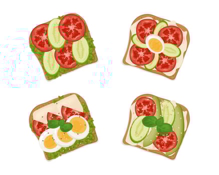 Set of sandwiches. Breakfast, sandwich with egg, cheese, avocado, cucumber, tomato and basil vector