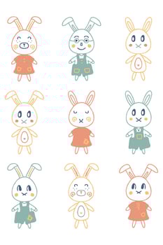 Cartoon style childish bunny doodle collection. Perfect set for T-shirt, logo, stickers and print. vector