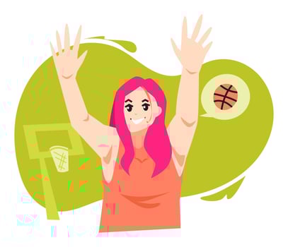 illustration of teenage girl waiting for the ball, throwing a basketball. green background, basketball hoop. concept of sport, basketball, activity, activity. flat vector style