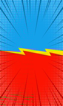 Design versus comic style vertical format. Fight with blue and red background with halftone elements. Vector illustration