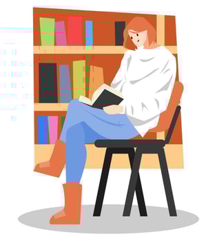 beautiful teenage girl with short hair reading a book in the library while sitting on a chair. the concept of learning, education, school, college, assignments, hobbies, etc. flat vector illustration