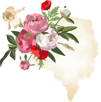 Floral template with arrangement of peonies, iris and poppies with greenery on watercolor styled background vector