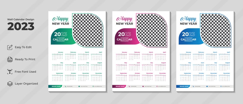 2023 wall calendar design template with green, purple and blue color. Corporate and business planner diary. Week starts on Sunday. Modern wall calendar design for new year 2023. vector